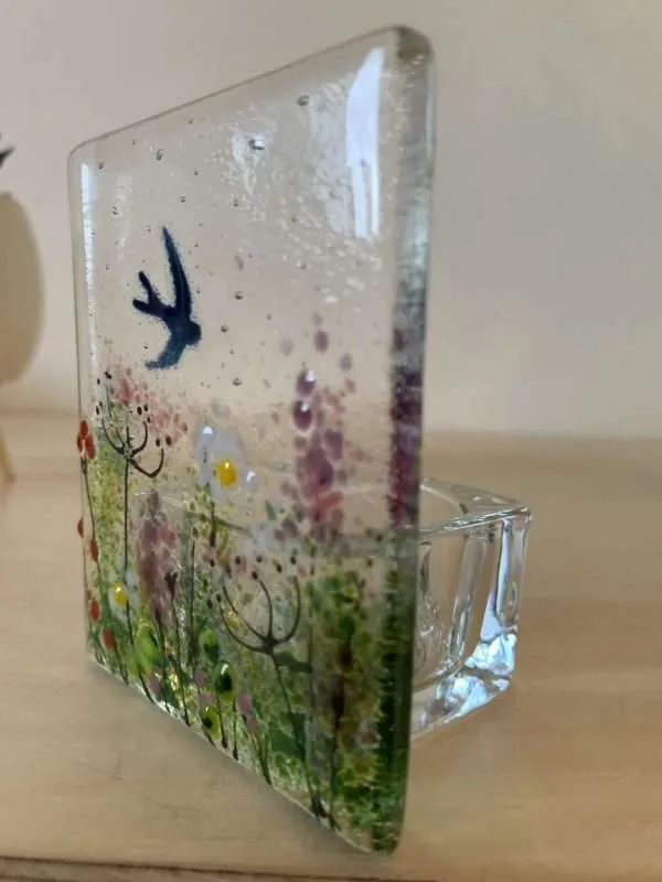 Fused Glass Wildflower and Swallow Candle Holder - Image 2