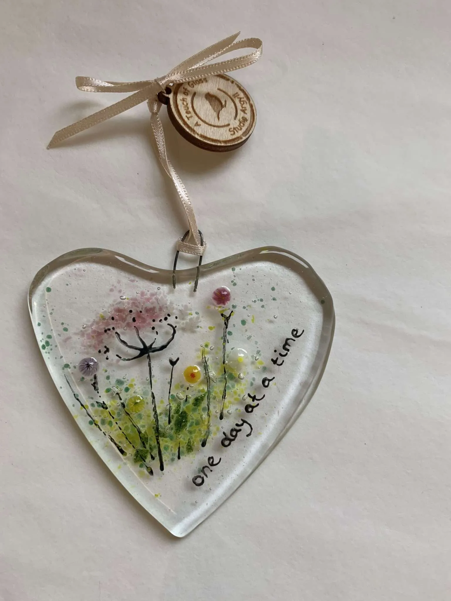 Fused Glass Heart with Quote and Wildflowers