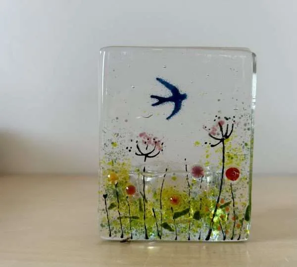 Fused Glass Wildflower and Swallow Candle Holder