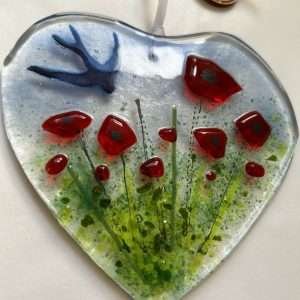 Fused Glass Poppies and swallows Heart Decoration/ hanger/sun catcher/gift