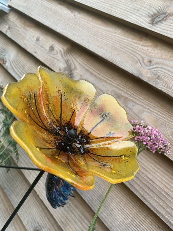Yellow poppy garden flower stake, garden sculpture - Image 11