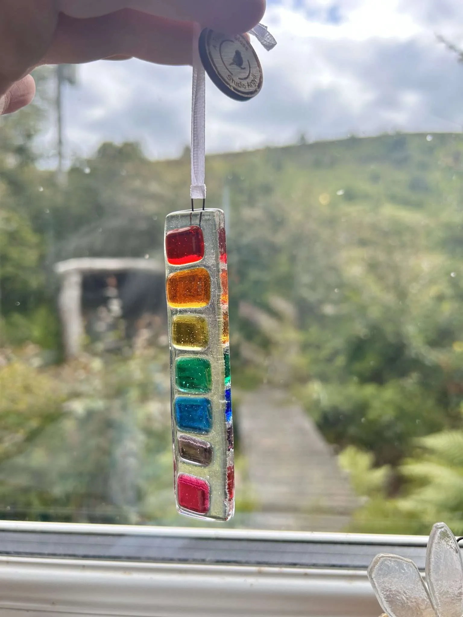 Fused Glass Patchwork Rainbow Stick, hanging decoration, suncatcher - Image 3