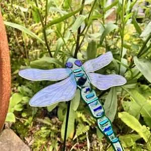 Emerald Green dragonfly garden stake, sculpture fused glass