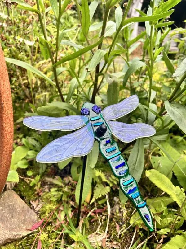 Emerald Green dragonfly garden stake, sculpture fused glass