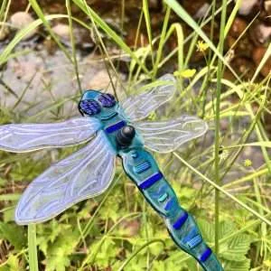 Turquoise Blue dragonfly garden stake, sculpture fused glass