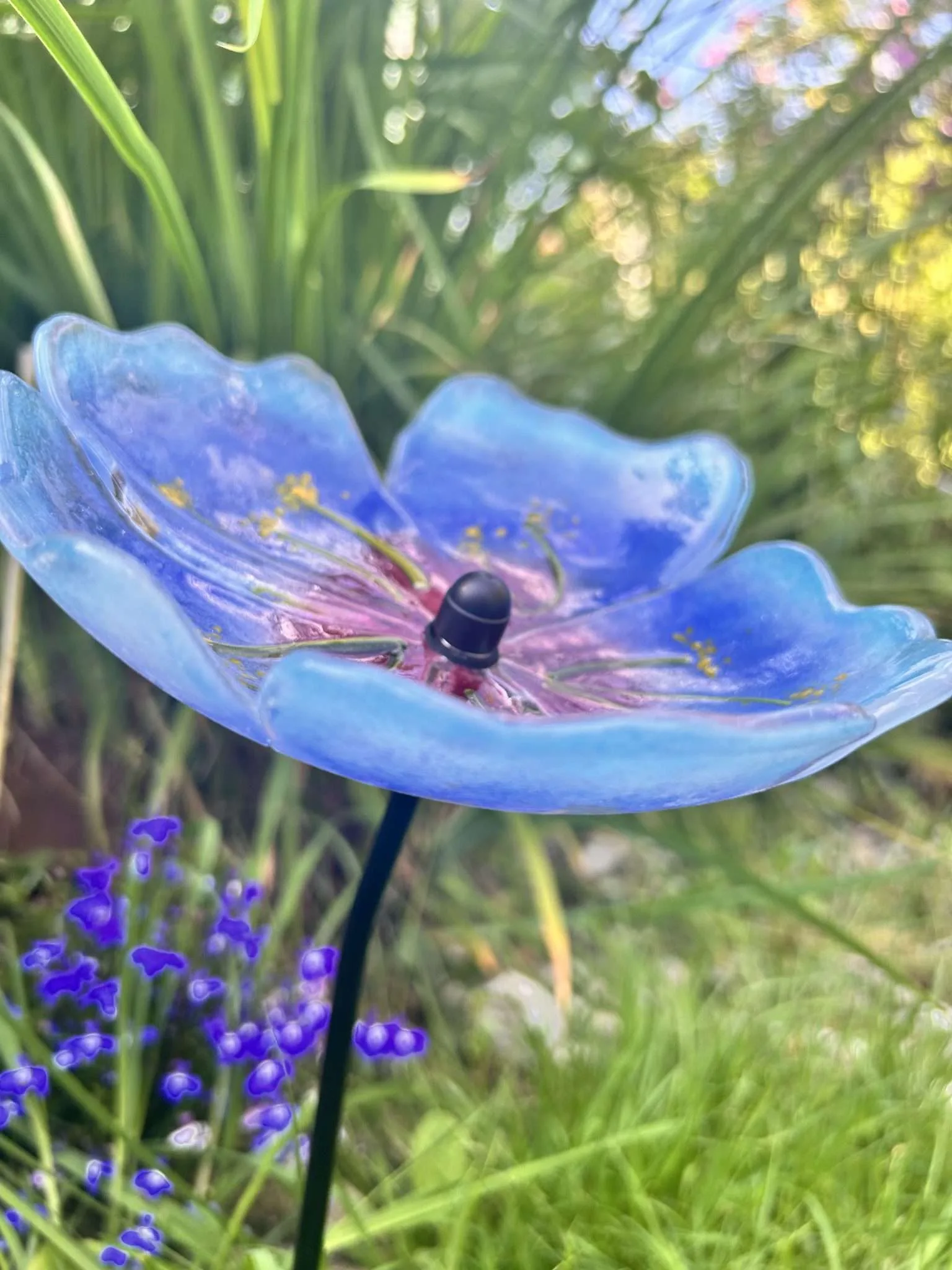 Blue Himalayan  poppy garden stake, sculpture fused glass