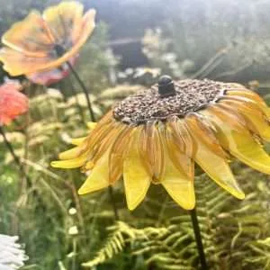 Bright yellow and gold fused glass Sunflower garden sculpture, border stake garden decoration