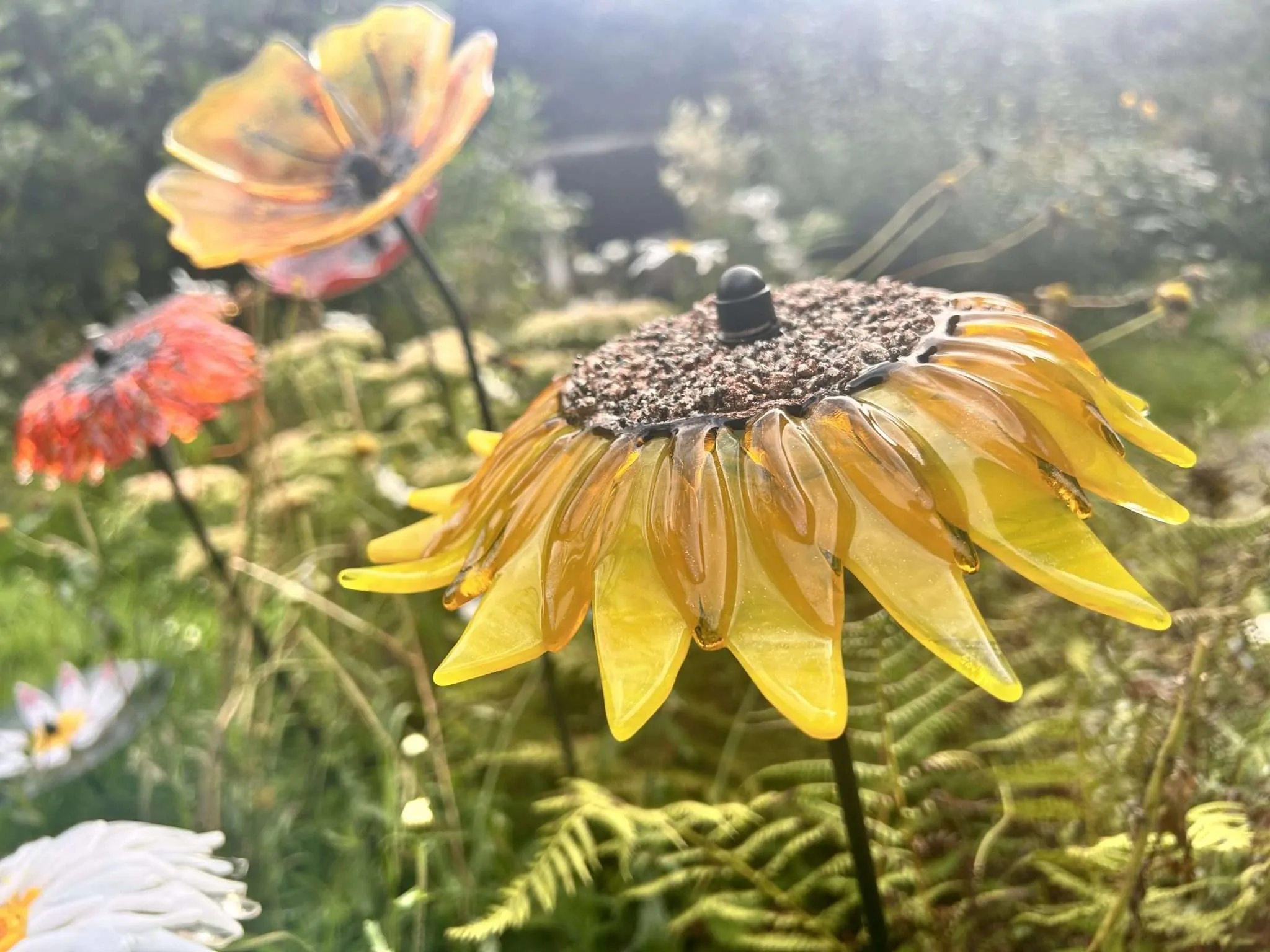 Bright yellow and gold fused glass Sunflower garden sculpture, border stake garden decoration