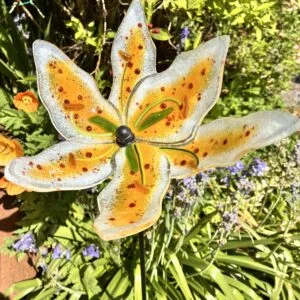 Tiger Lily Garden Stake, fused glass garden sculpture