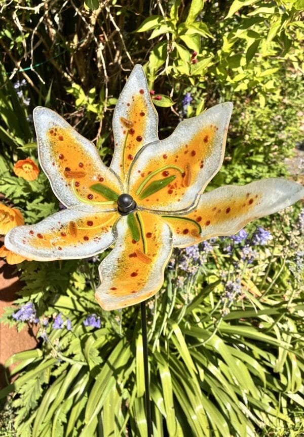 Tiger Lily Garden Stake, fused glass garden sculpture