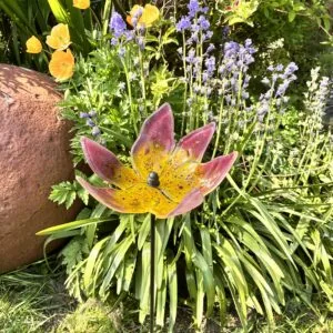 Rosellas's Lily Garden Stake, fused glass garden sculpture