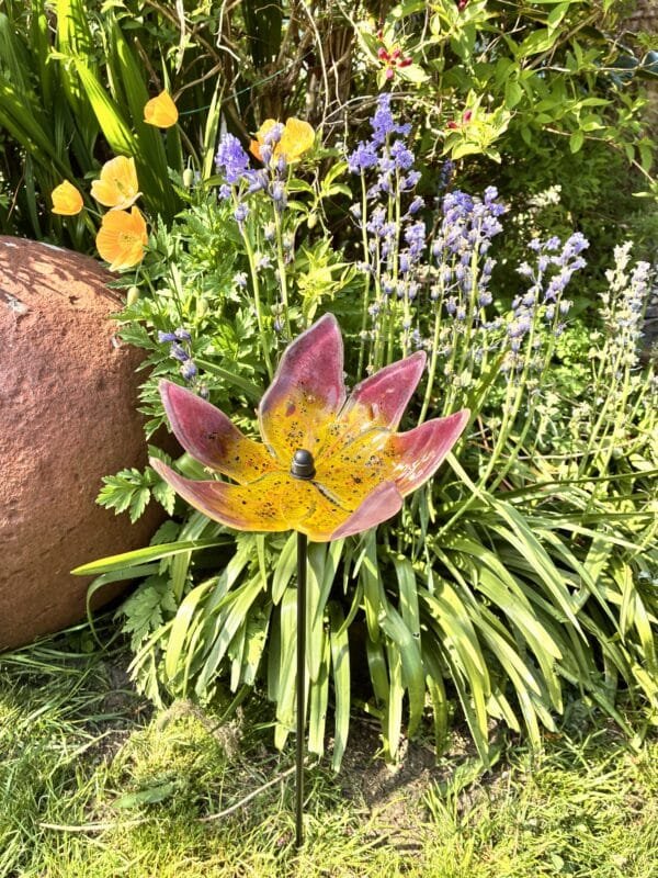 Rosellas's Lily Garden Stake, fused glass garden sculpture