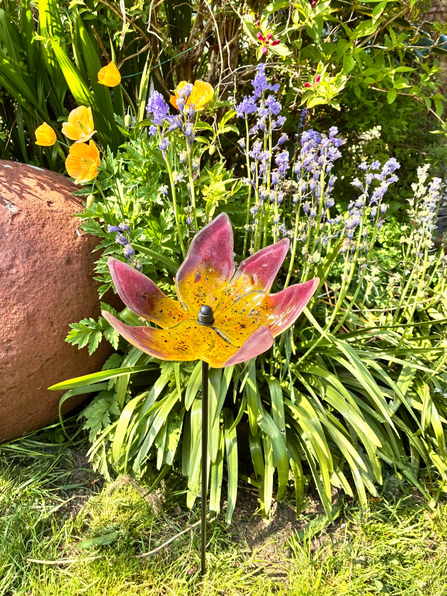 Rosellas's Lily Garden Stake, fused glass garden sculpture