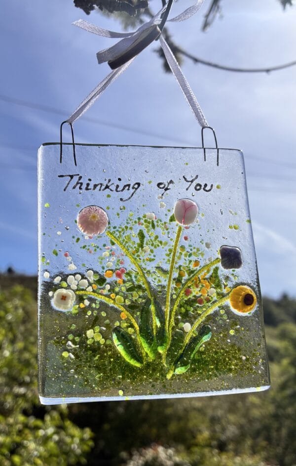 Thinking Of You flowers fused glass decoration, hanger, sun catcher - Image 2