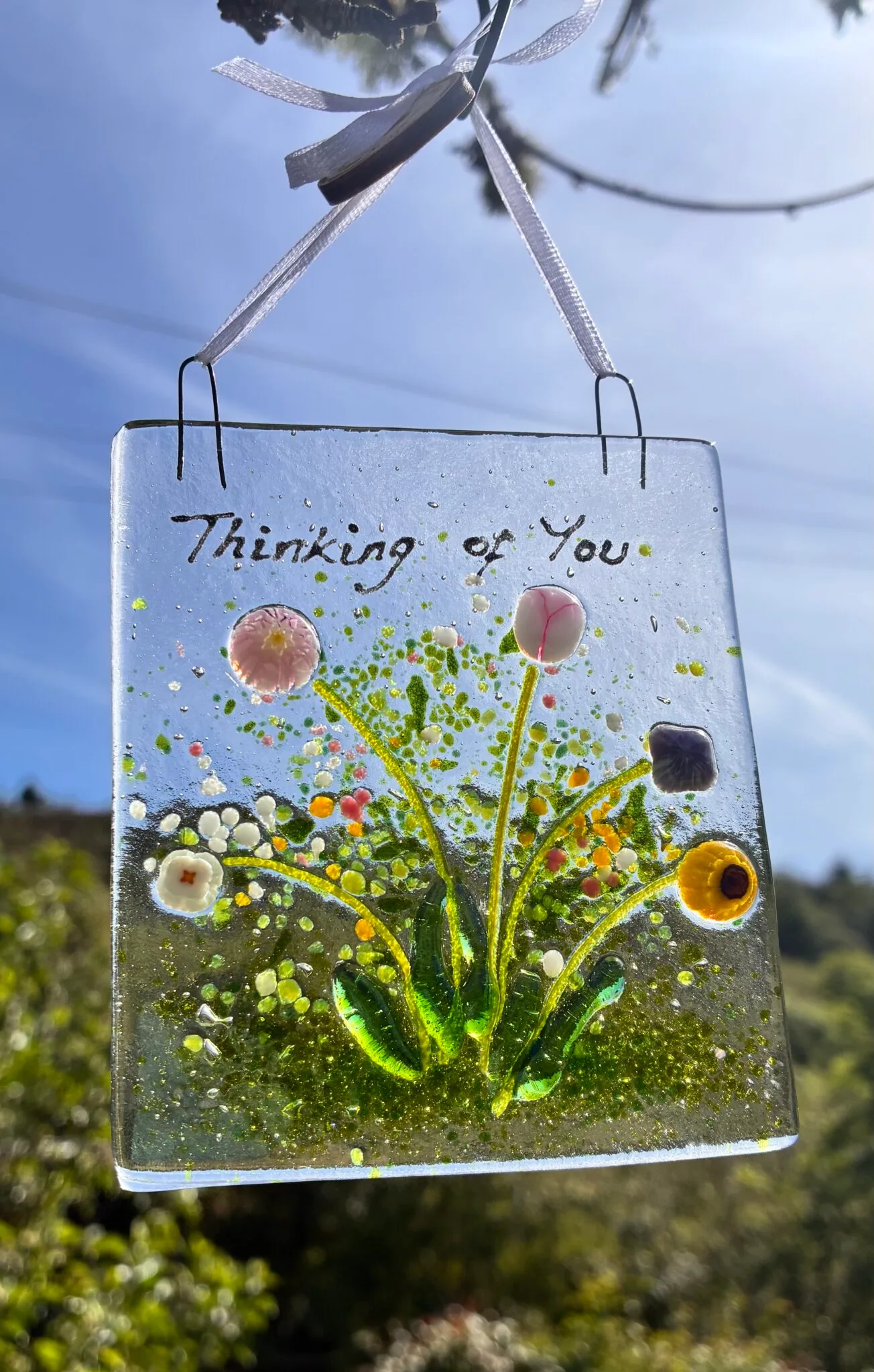 Thinking Of You flowers fused glass decoration, hanger, sun catcher - Image 2
