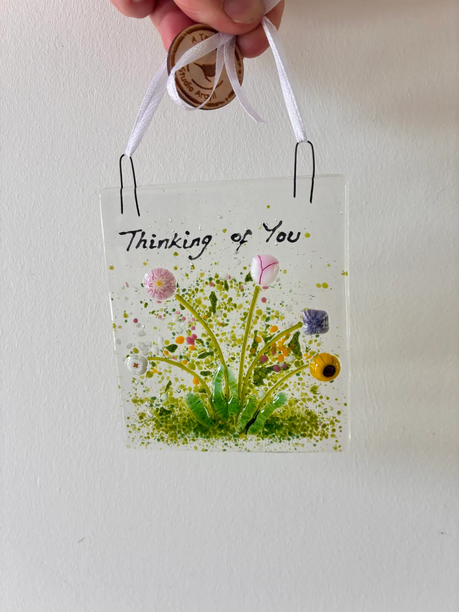Thinking Of You flowers fused glass decoration, hanger, sun catcher