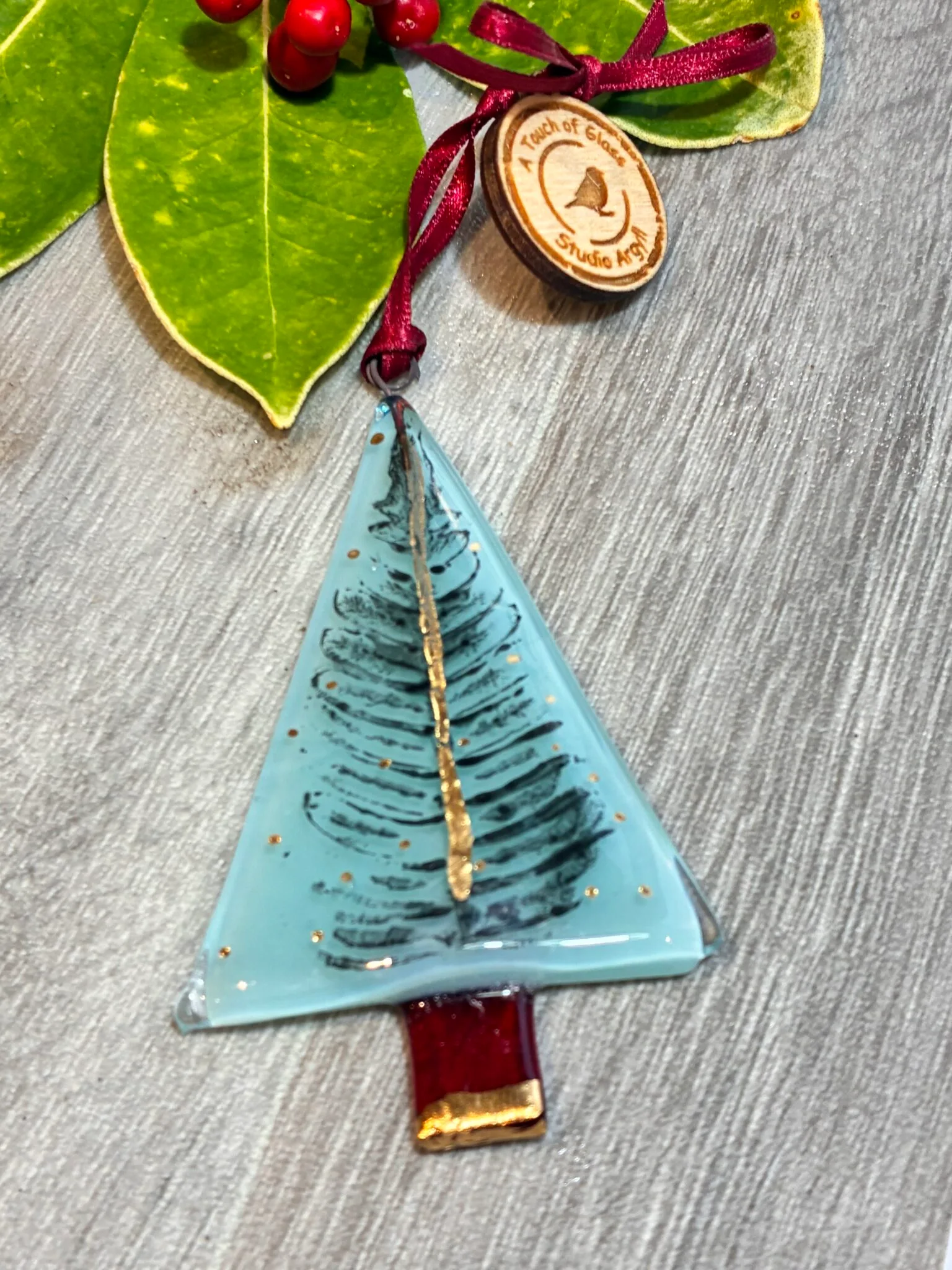 Fused glass christmas tree in teal with printed Fern Leaf and gold trunk and decoration. - Image 2