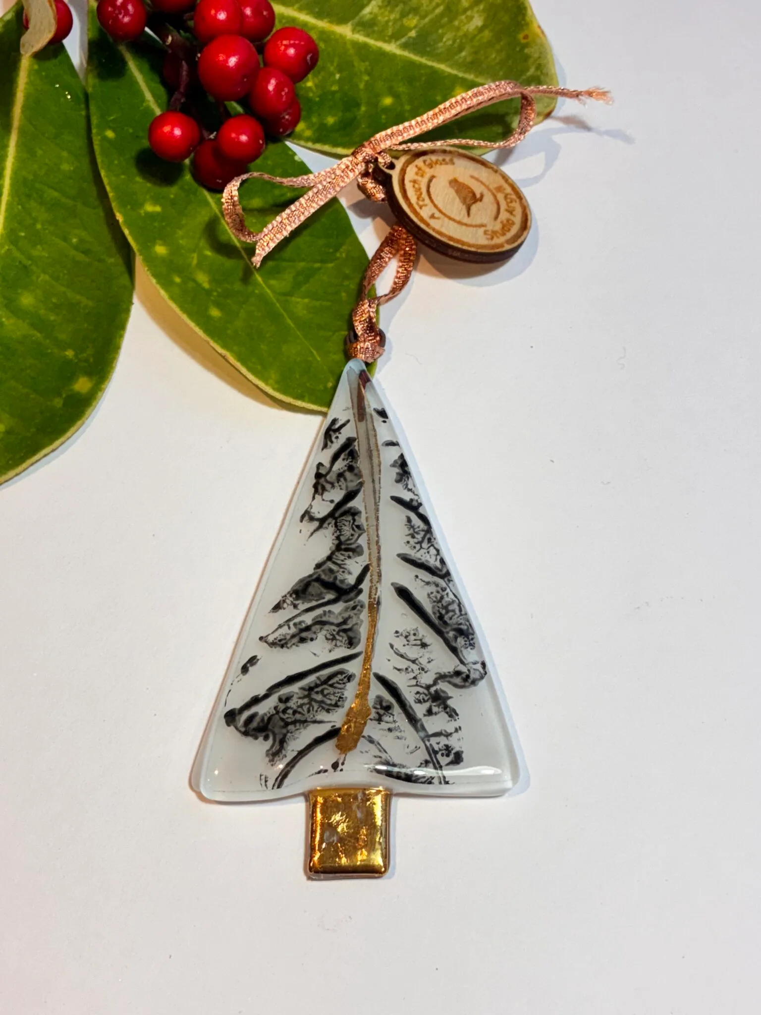 Fused glass christmas tree with printed Oak Leaf and gold trunk. - Image 5