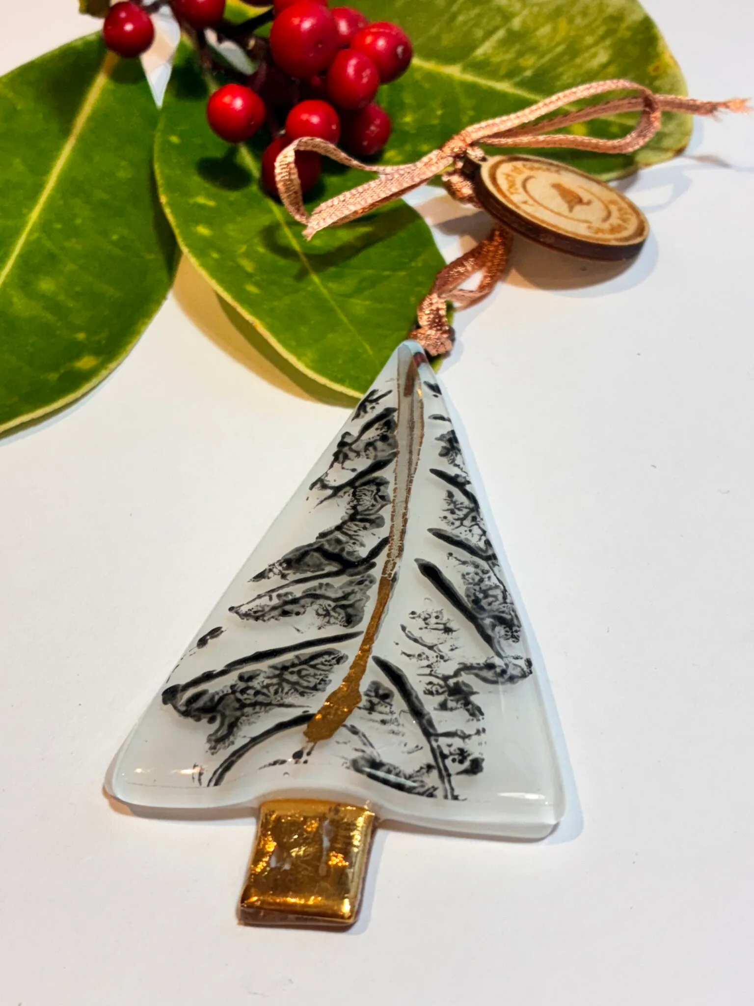 Fused glass christmas tree with printed Oak Leaf and gold trunk. - Image 2
