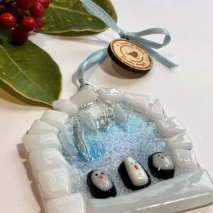 Fused Glass  Penguins in Igloo Decoration, Christmas Ornament