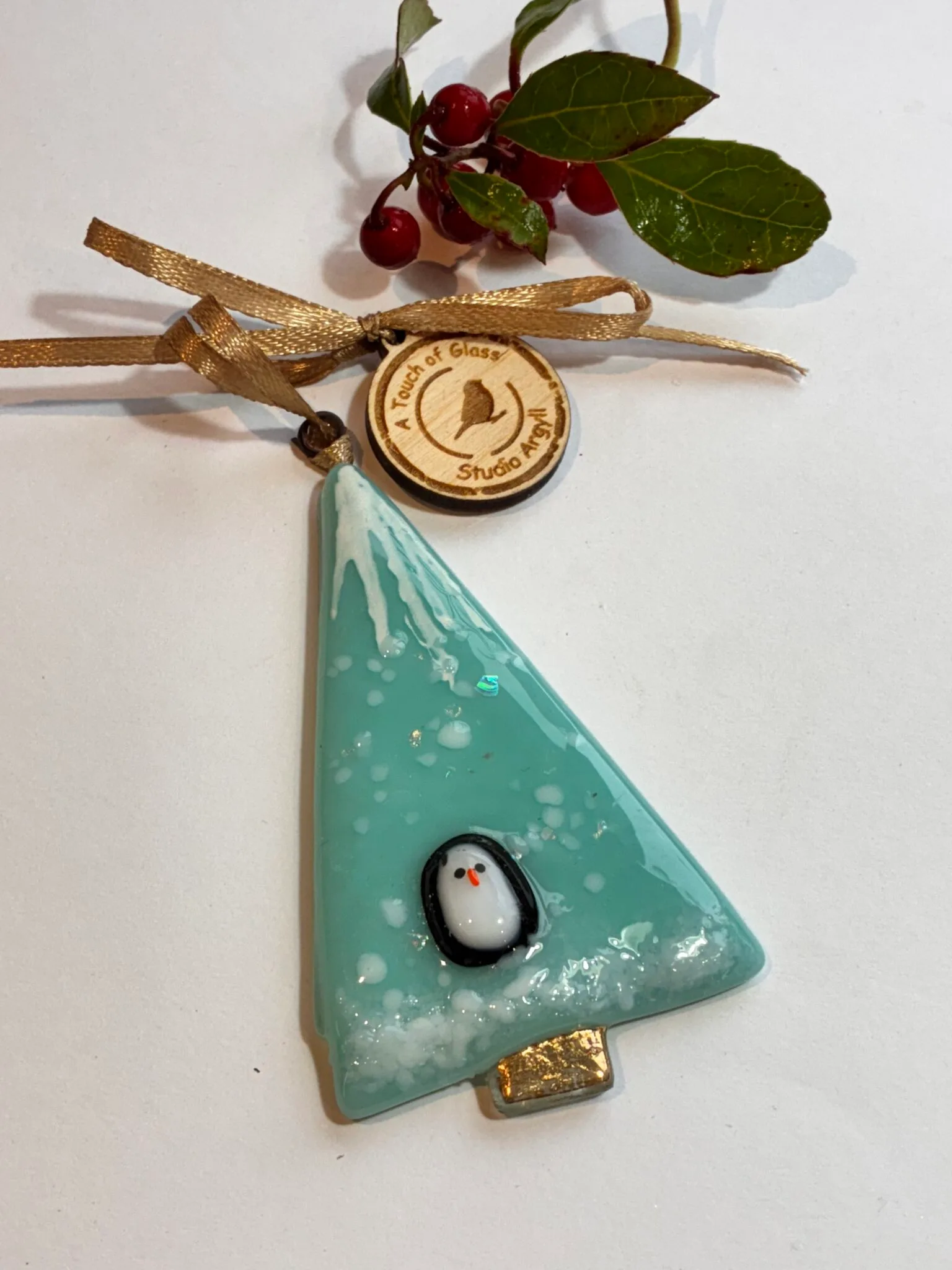 Fused glass christmas tree with little Penguin