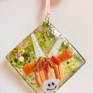 Fused Glass Highland Cow, meadow flowers decoration, Window hanger