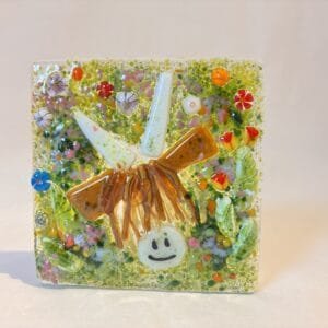 Fused Glass, candle holder with Highland cow and Meadow Flowers
