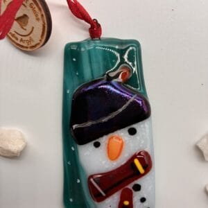 Snowman and robin in snow, tree decoration, fused glass
