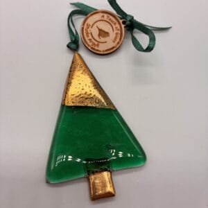 Fused glass Christmas tree, emerald green and gold lustre decoration, Christmas gift