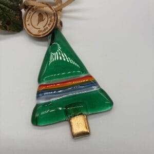 Fused glass Christmas tree, with rainbow strip in emerald green decoration, Christmas gift