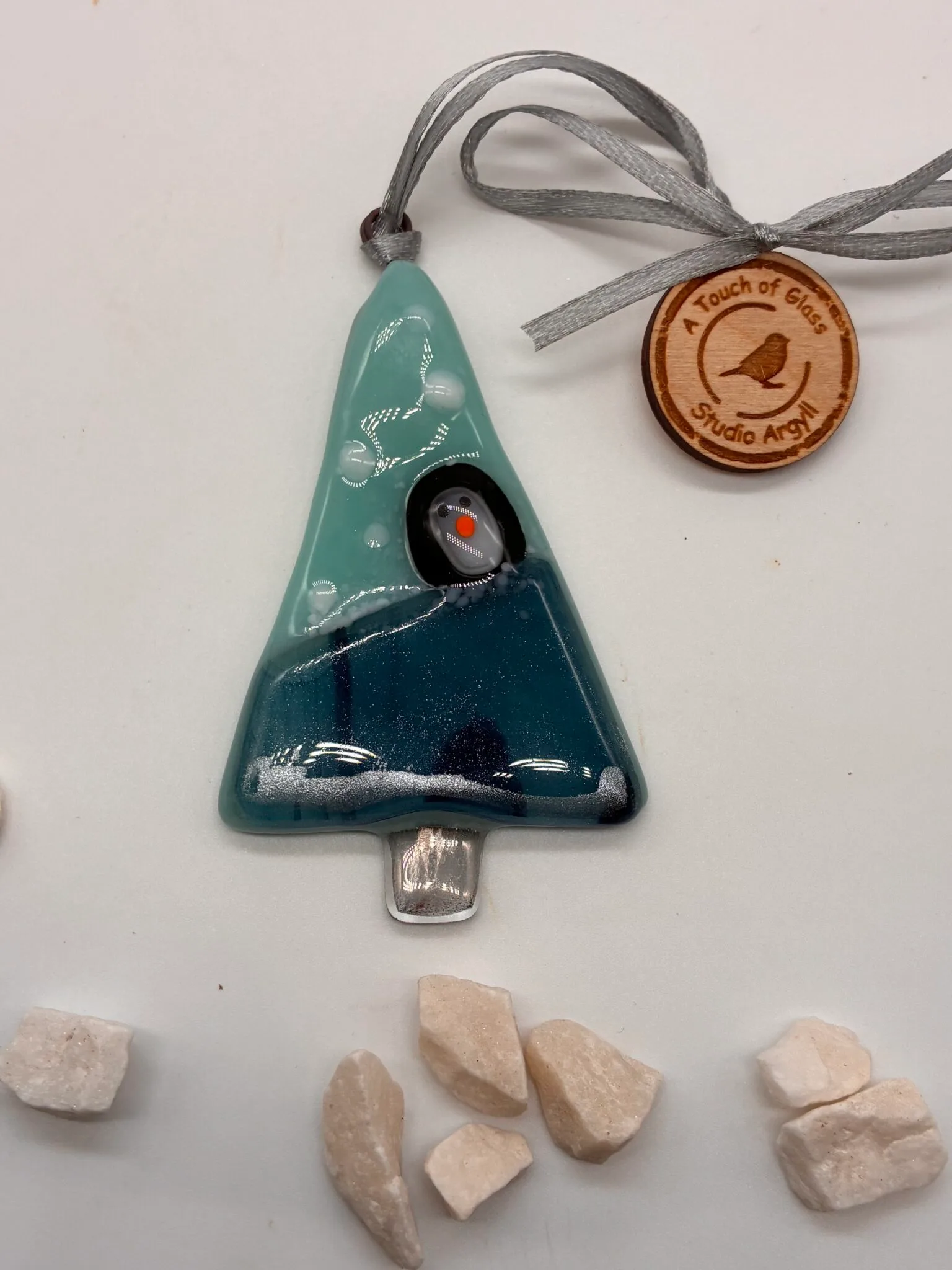 Fused glass christmas tree with little Penguin, tree decoration