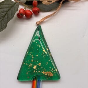 Fused glass Christmas tree, with rainbow strip trunk and gold detail on emerald green decoration, Christmas gift