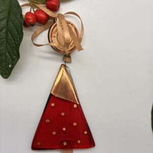 Fused glass Christmas tree, rich red with gold detail decoration, Christmas gift